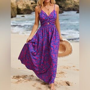 Cupshe Maxi Dress Floral Print Twisted V Neck Blue Small NWT IN PACKAGE